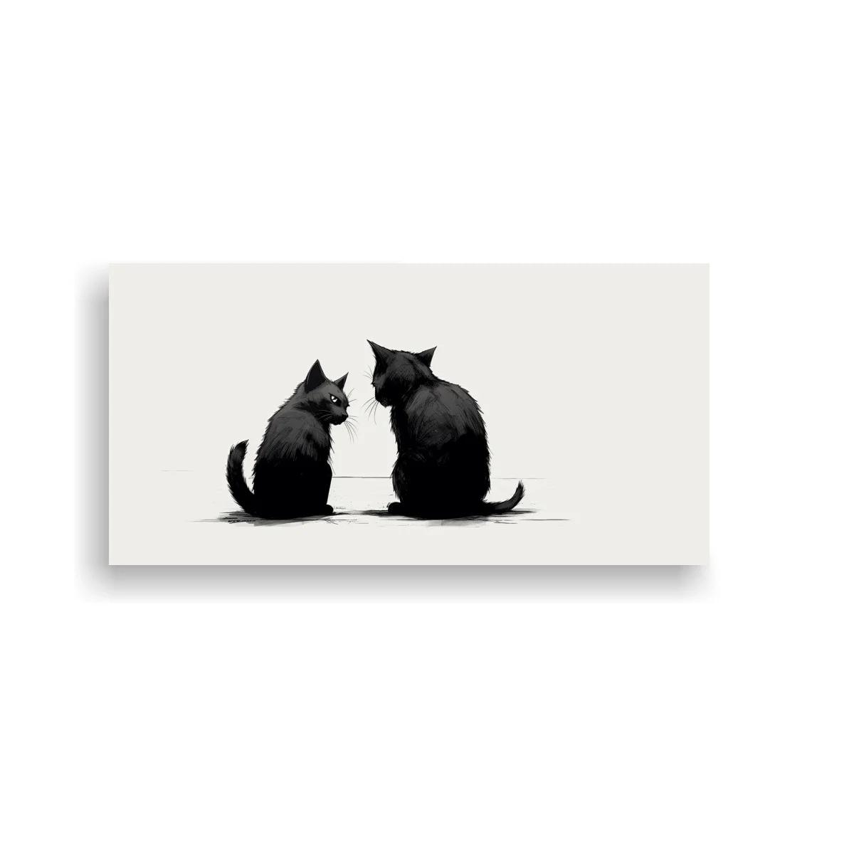 Cuadro dos gatos negros enfrentados con colas curvadas