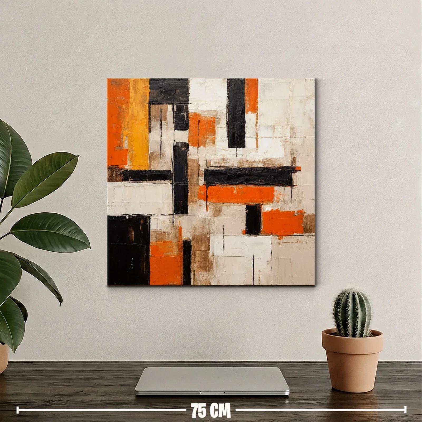 Cuadro abstracto con bloques en naranja negro y beige — miniatura 2