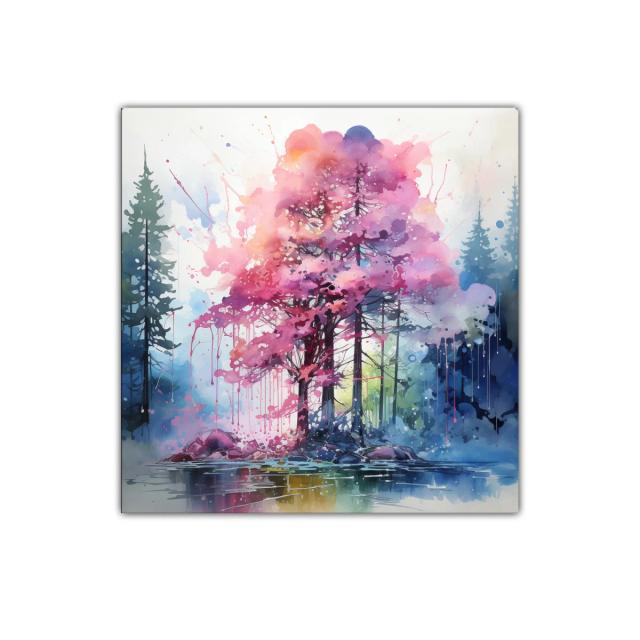 Bosque onírico con árboles rosas y reflejos en agua