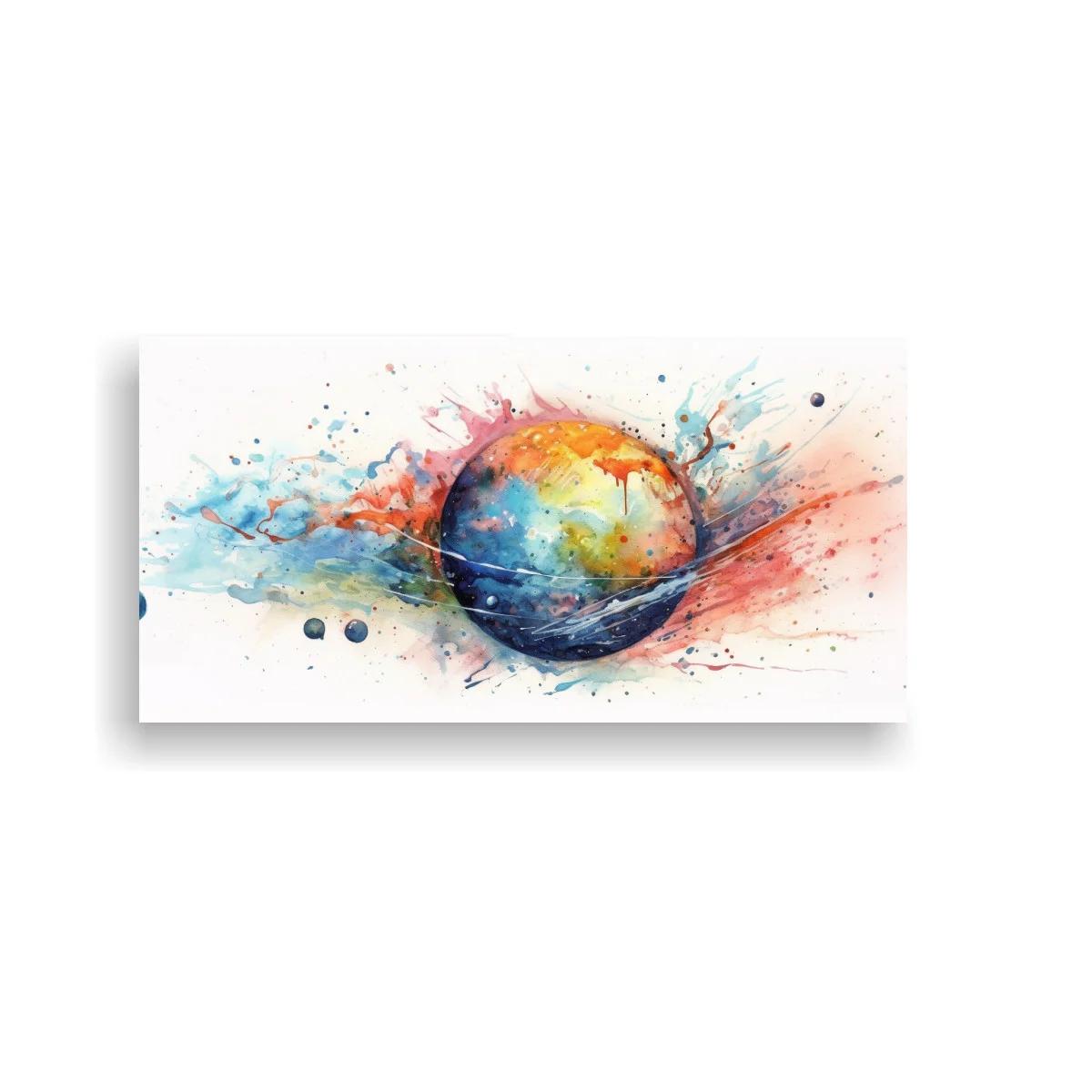 Cuadro planeta multicolor con salpicaduras y órbita oscura