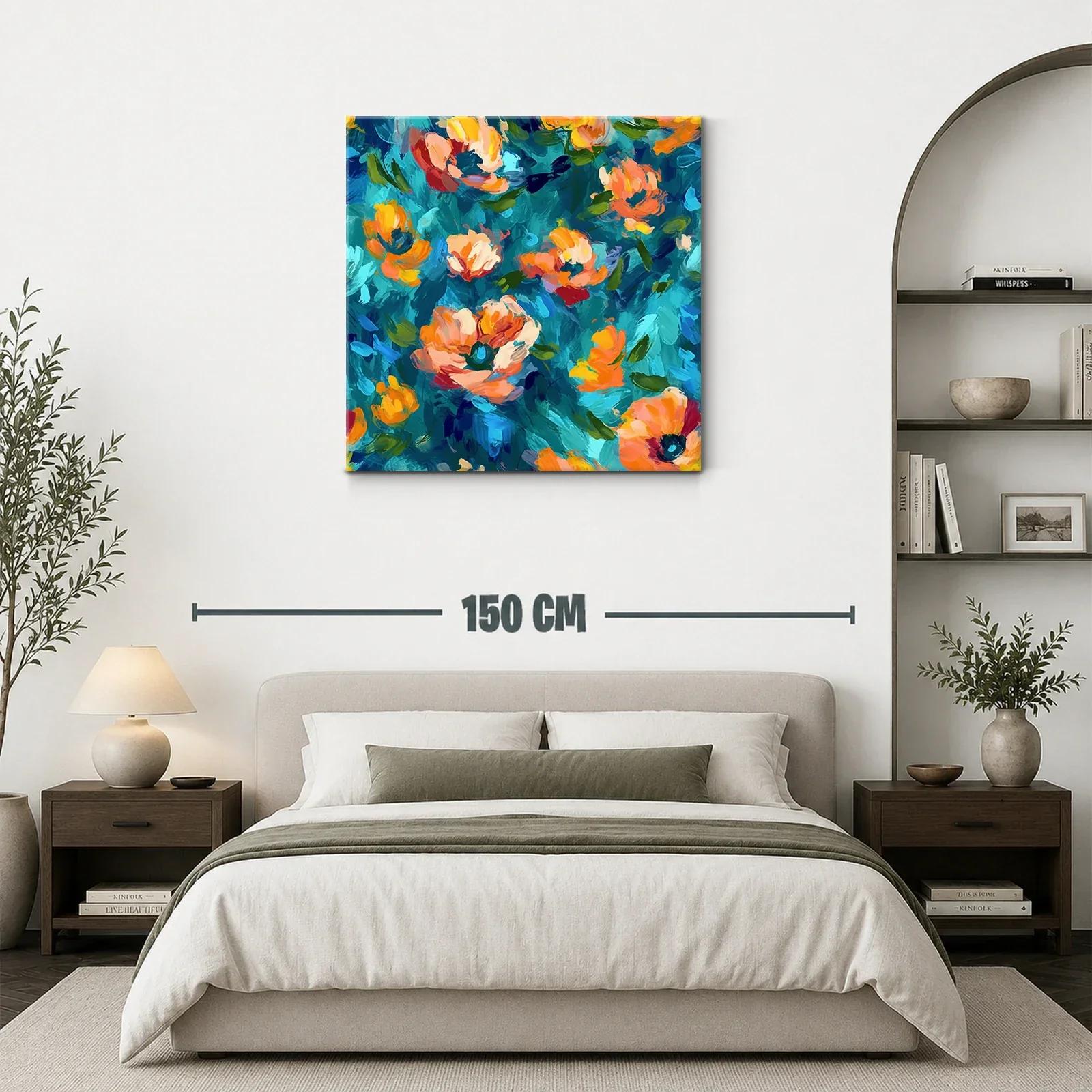 Cuadro con flores vibrantes en tonos azules y naranjas — miniatura 3