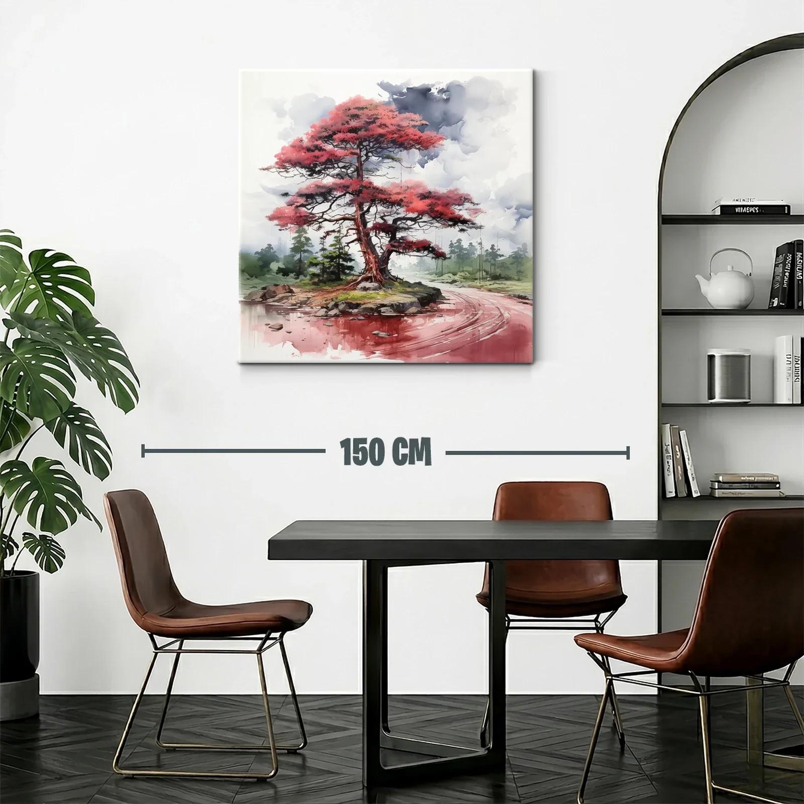 Árbol rojo junto al río en paisaje tranquilo y etéreo — miniatura 2