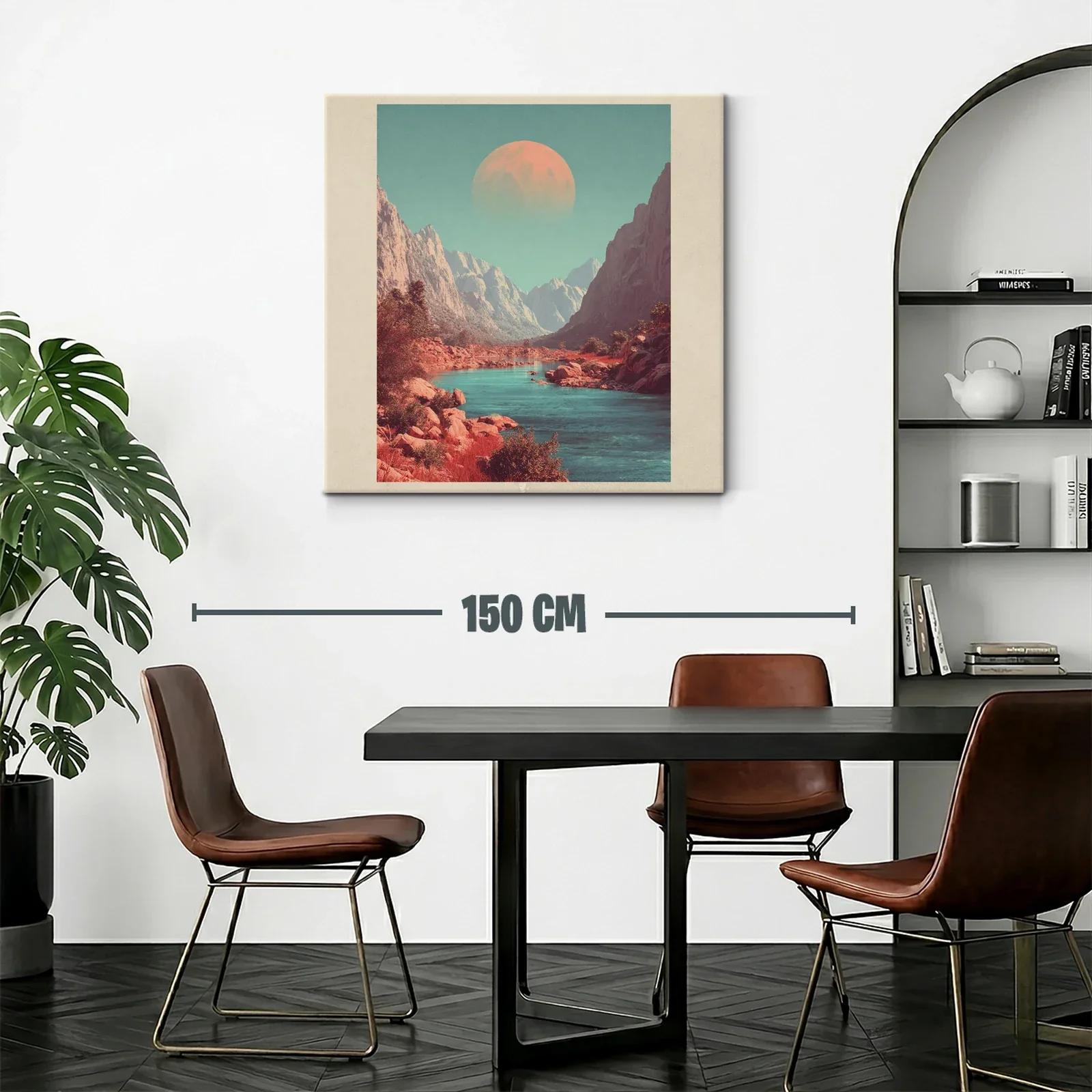 Paisaje montañoso con río y luna en tonos cálidos y fríos — miniatura 2