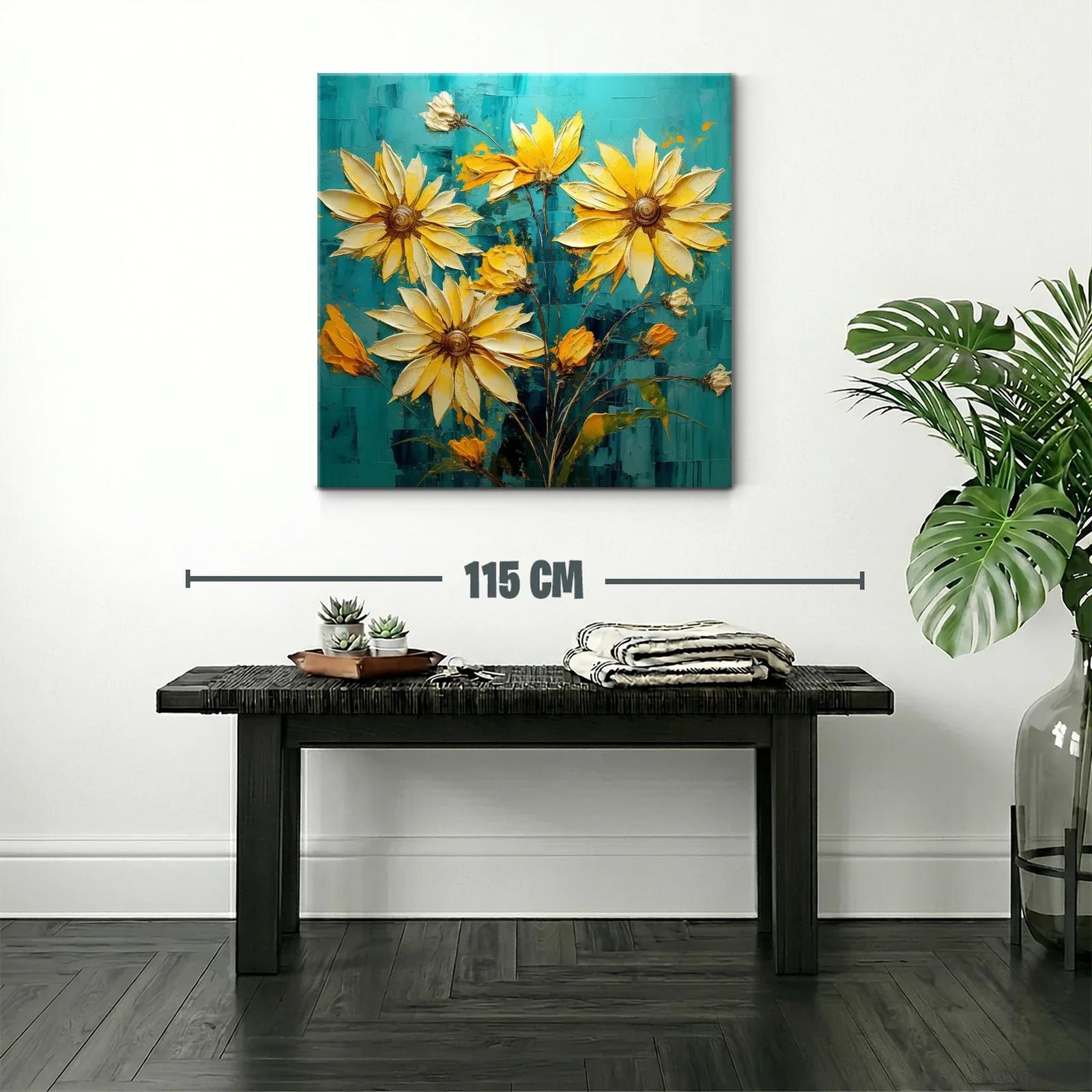 Cuadro con vibrantes flores amarillas sobre fondo azul — miniatura 2