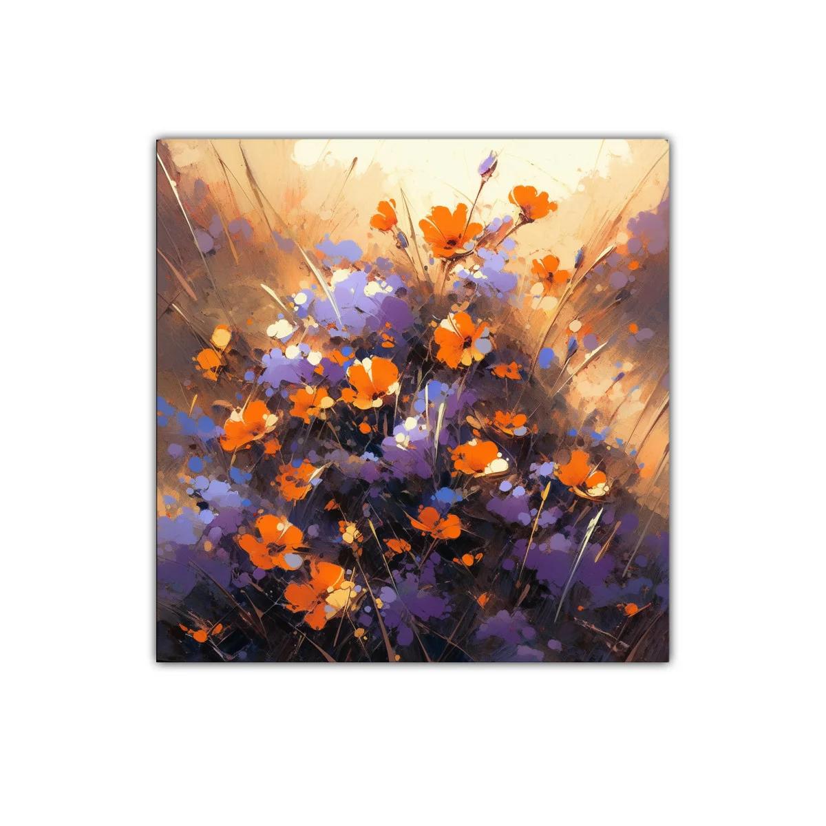 Cuadro decorativo de flores vibrantes en tonos cálidos y lilas