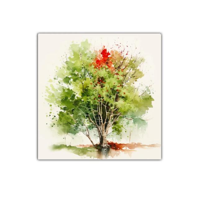 Árbol en acuarela con tonos verdes y toques otoñales
