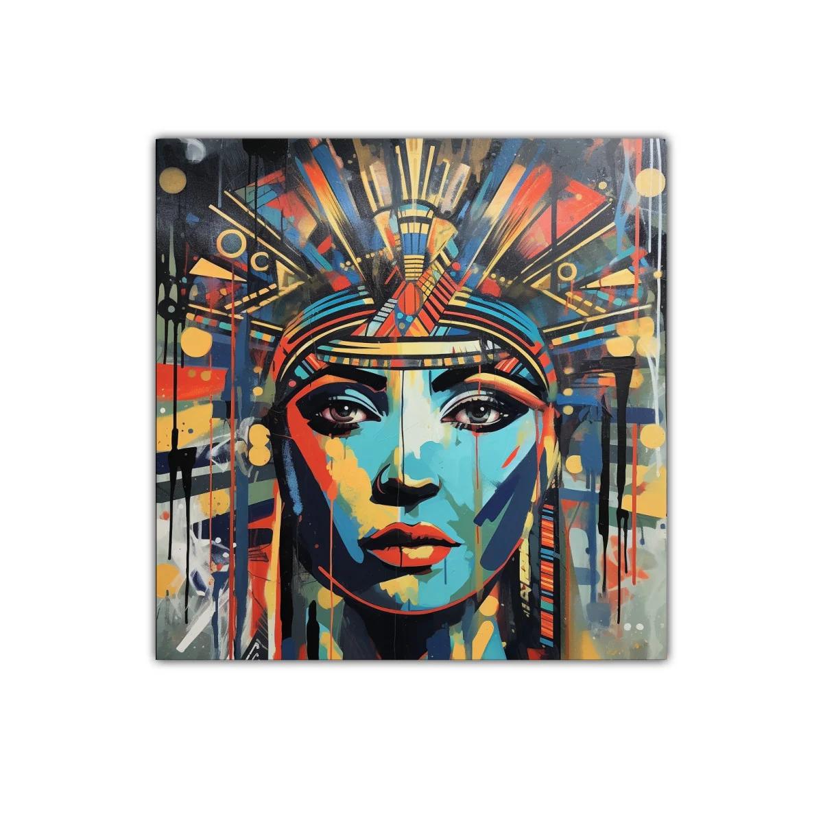 Retrato vibrante de mujer con estilo geométrico y colores intensos