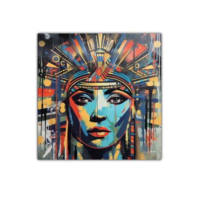 Retrato vibrante de mujer con estilo geométrico y colores intensos