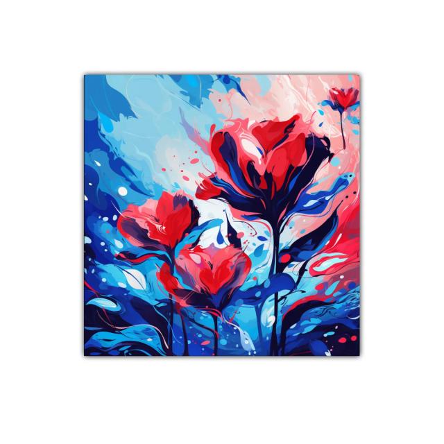 Cuadro vibrante con flores en tonos rojos y azules intensos