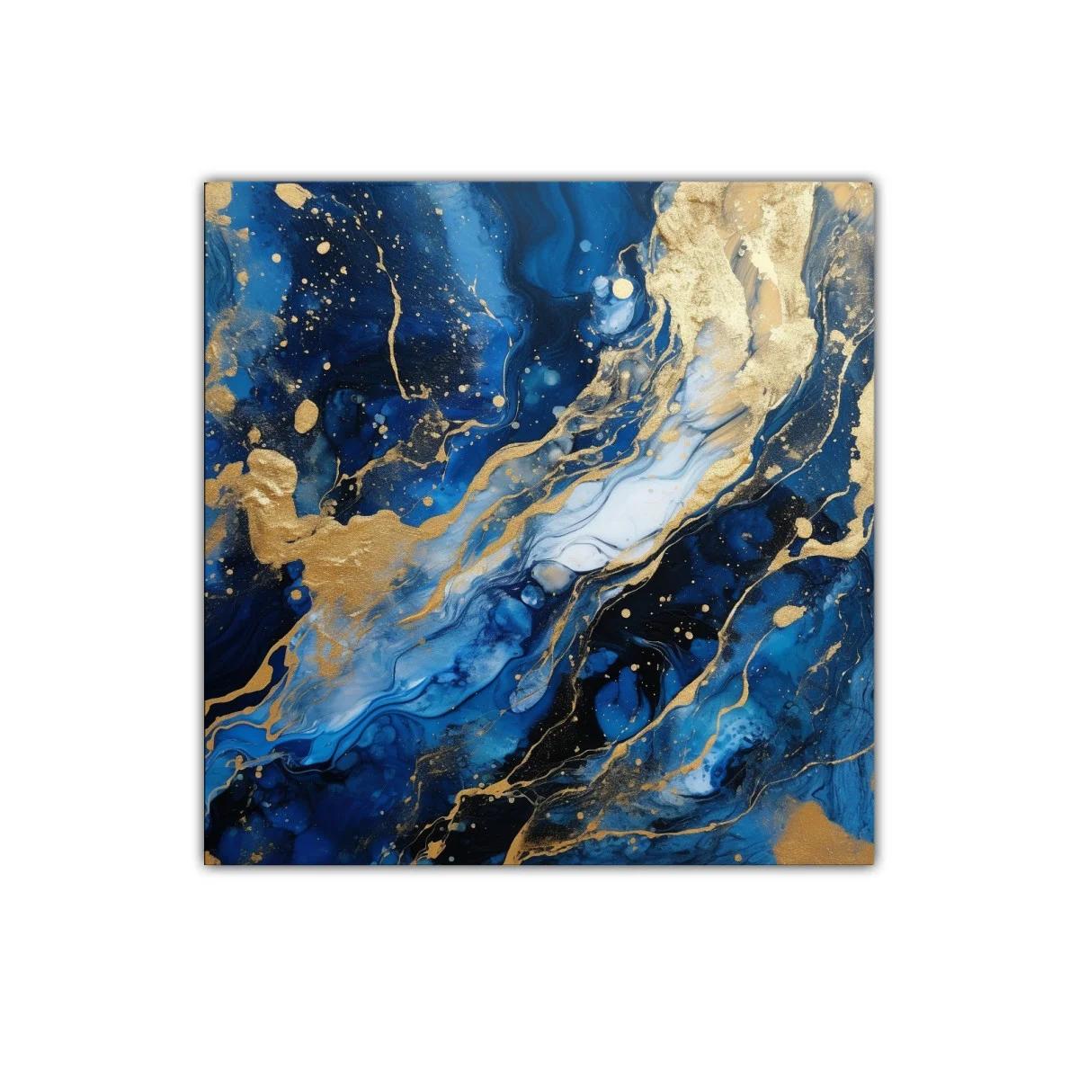 Cuadro abstracto en tonos azules con detalles dorados