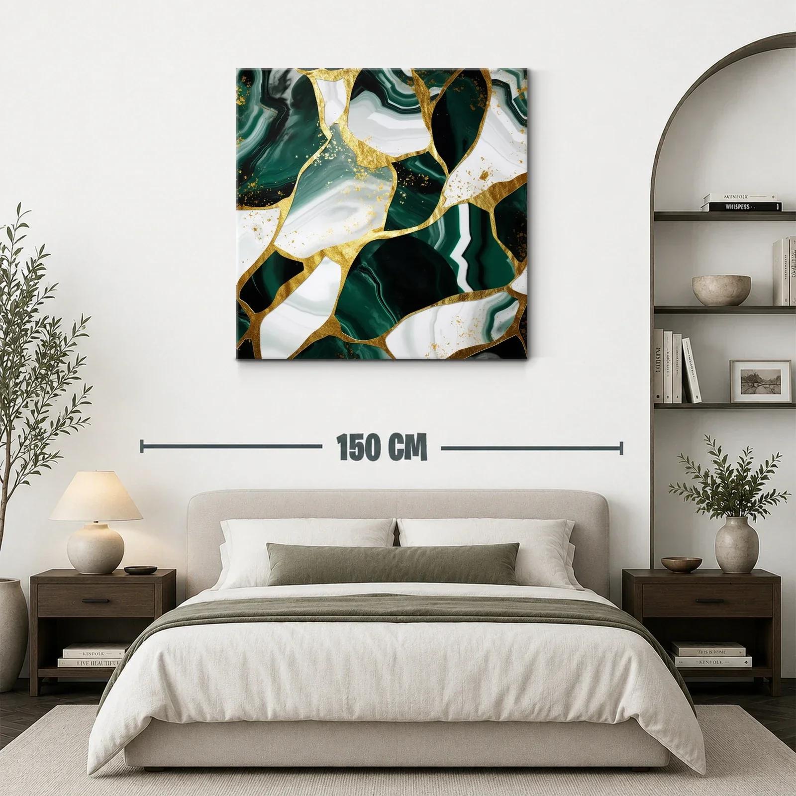 Cuadro abstracto con vetas verdes y detalles dorados — miniatura 3