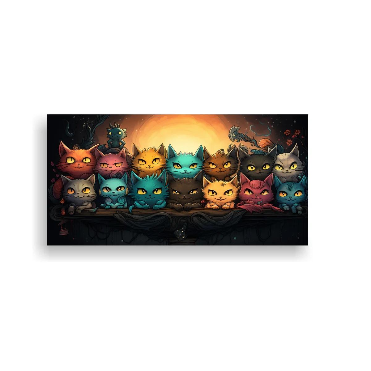 Cuadro grupo de gatos de ojos grandes con halo dorado — imagen principal