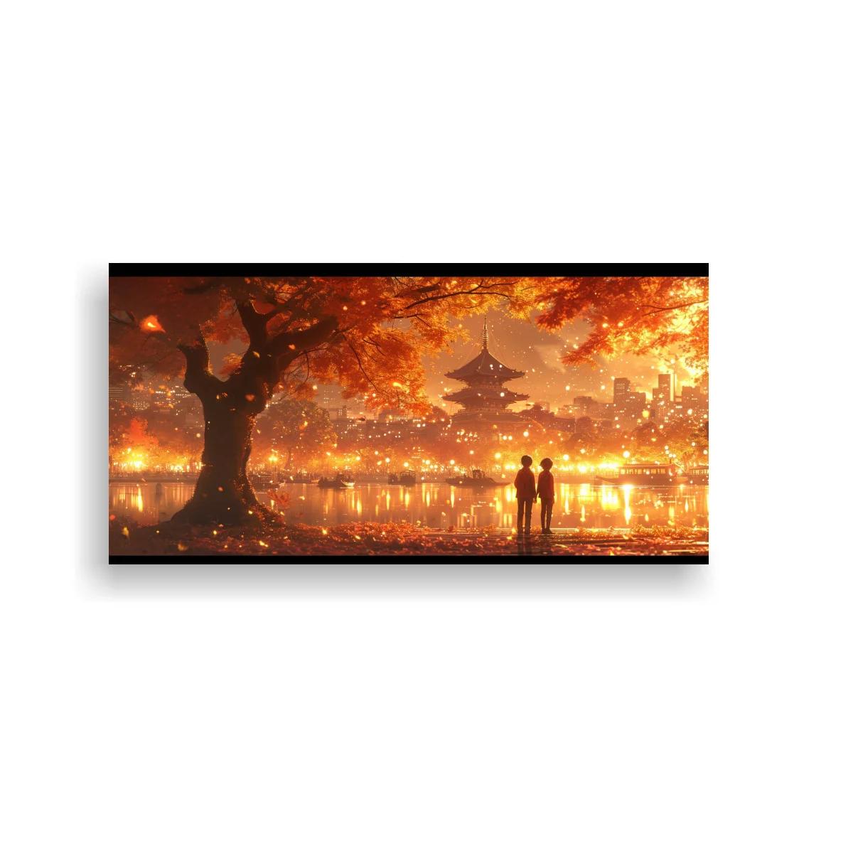 Cuadro paisaje otoñal con pagoda y lago reflectante — imagen principal