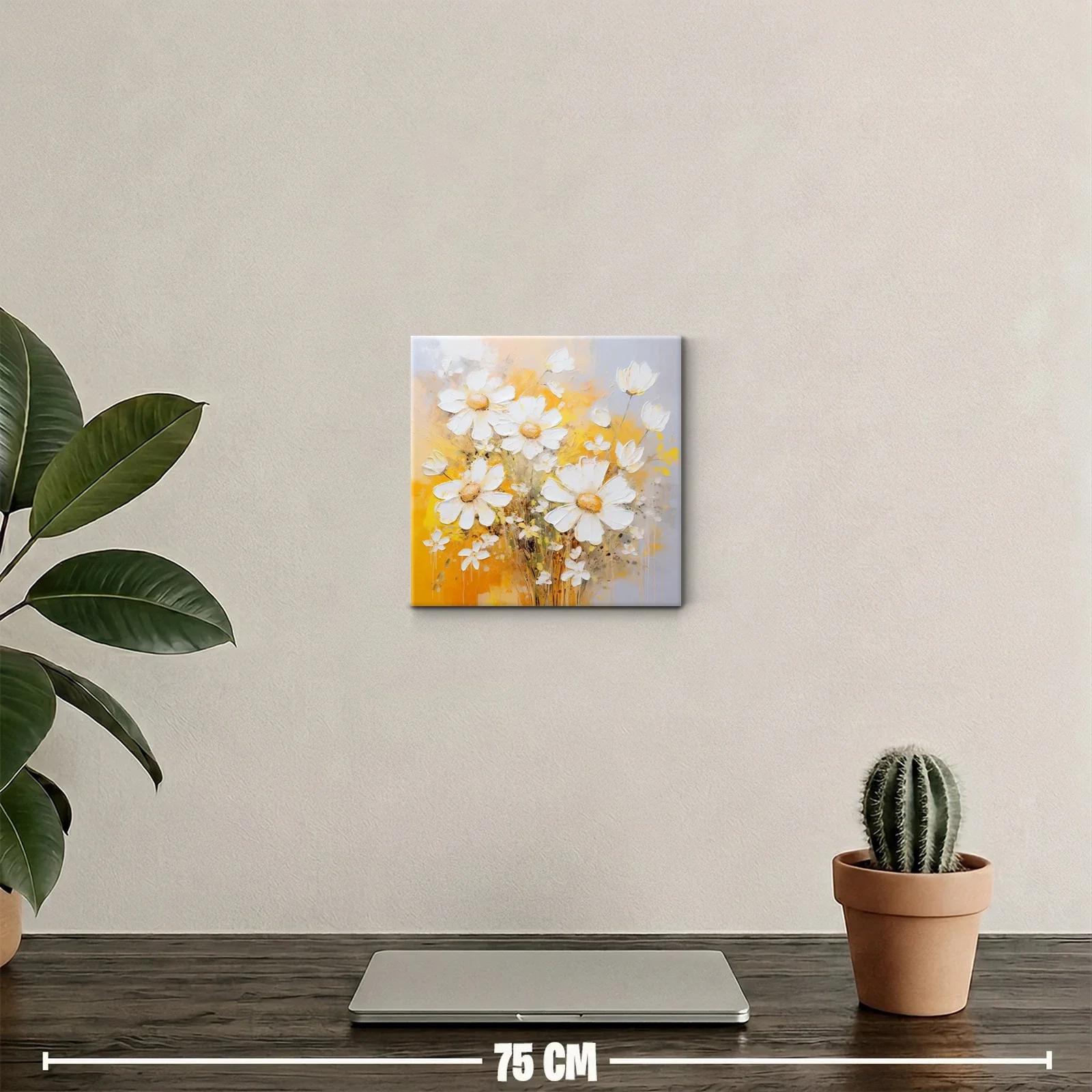 Cuadro decorativo con flores blancas sobre fondo amarillo cálido — miniatura 2