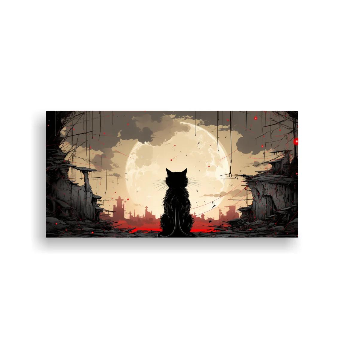Cuadro gato negro frente a la luna llena en ruinas