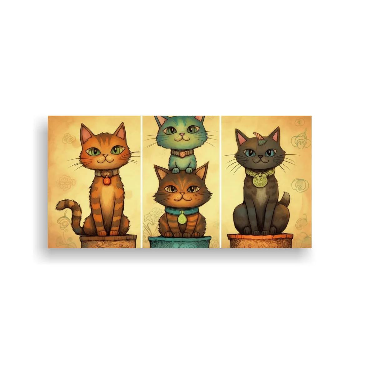 Cuadro tres gatos sentados sobre bases decoradas