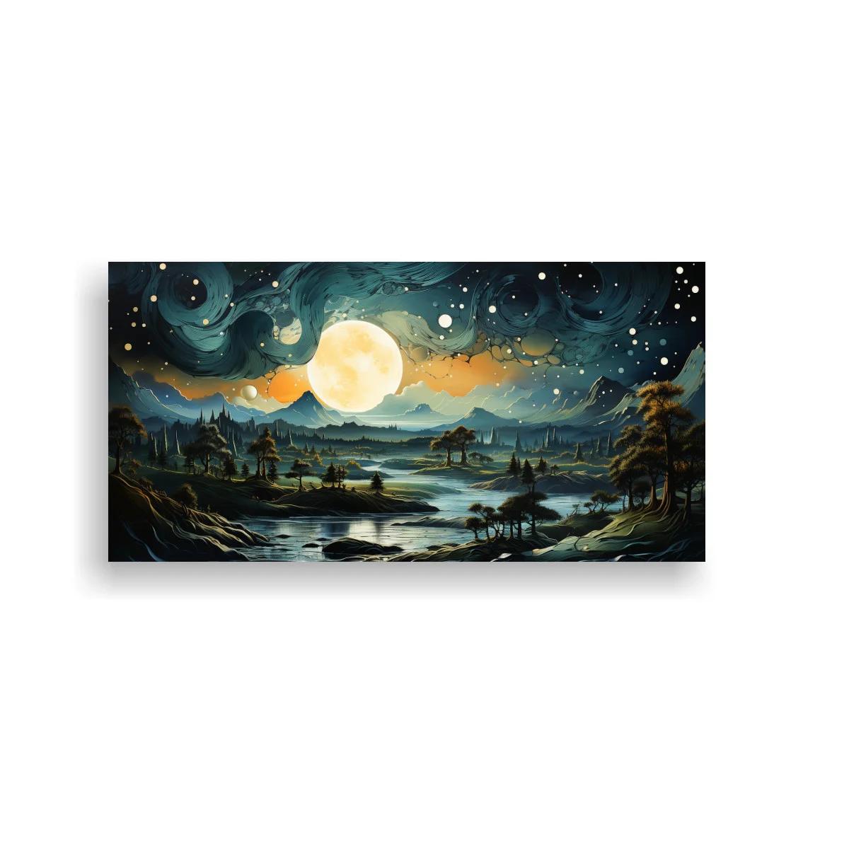 Cuadro paisaje nocturno con luna llena y pequeña edificación