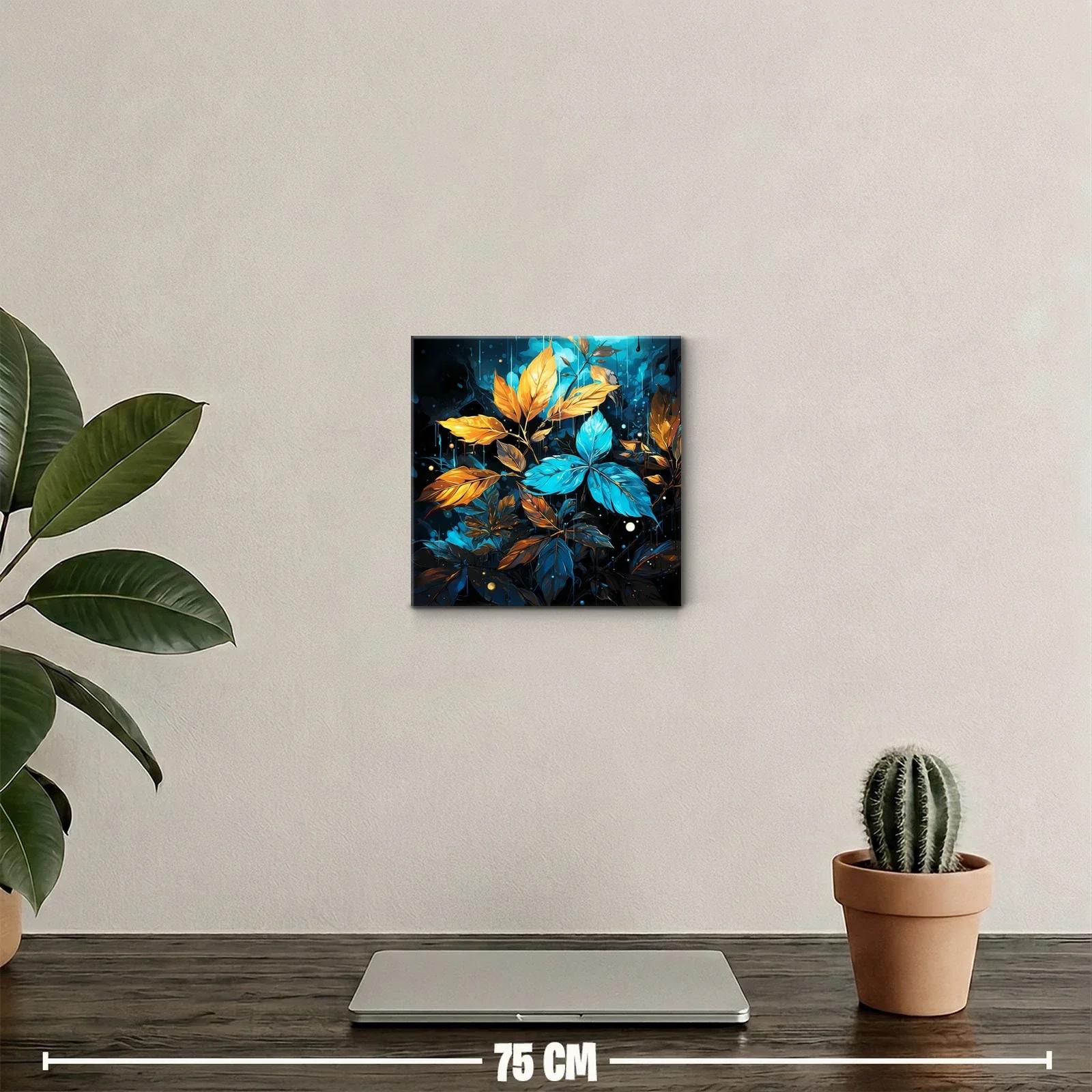 Cuadro decorativo con hojas en azul y dorado vibrante — miniatura 2