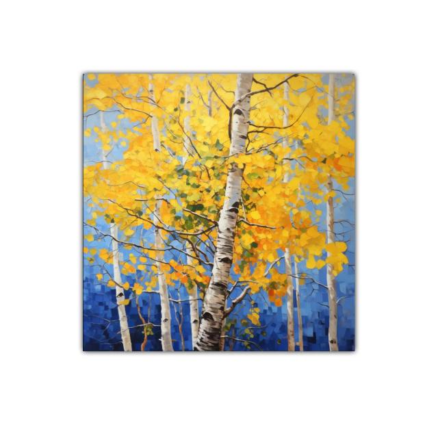 Bosque de abedules con hojas doradas y cielo azul