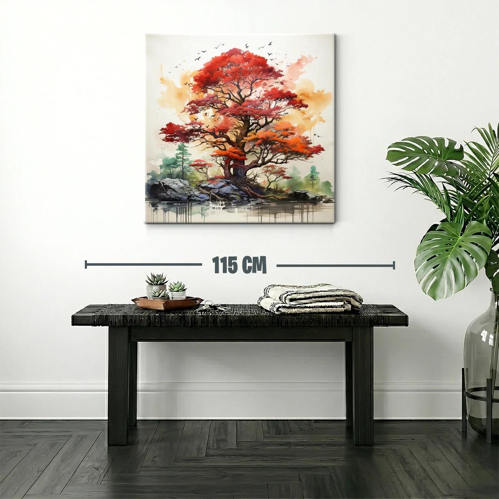 Árbol otoñal vibrante con paisajes naturales y aves — miniatura 2