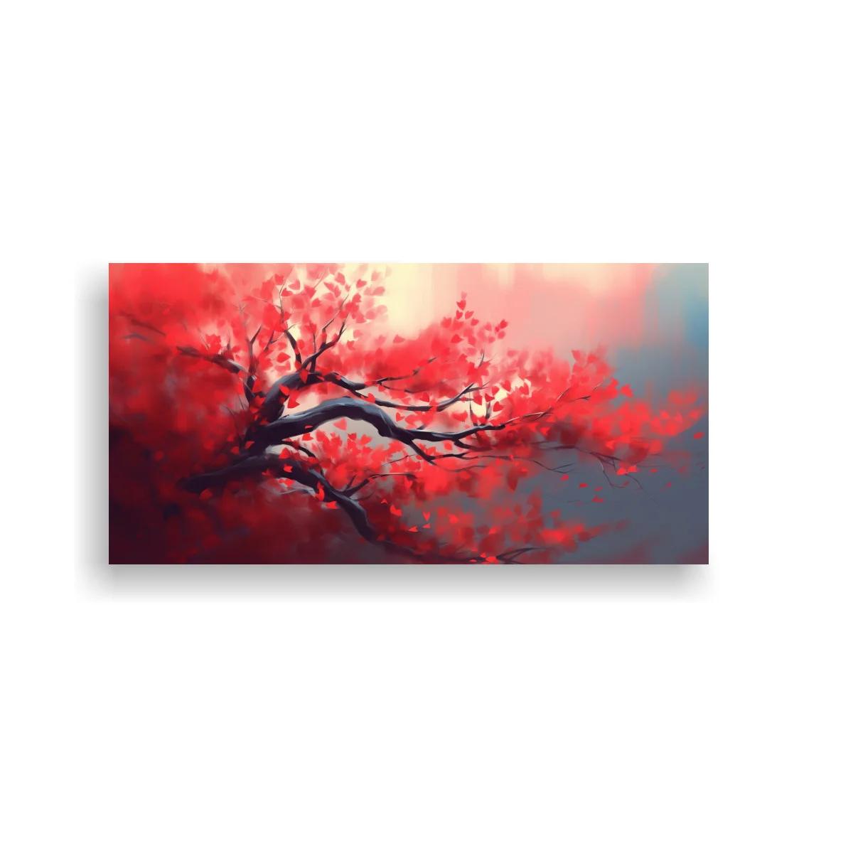 Cuadro rama de árbol con flores rojas y fondo brumoso