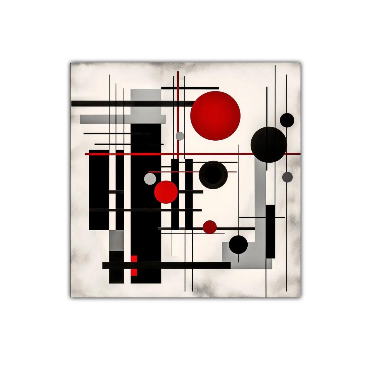 Composición geométrica con círculos y líneas rojas negras y grises
