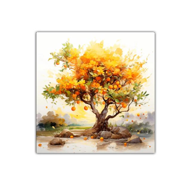 Árbol de naranjas iluminado en vibrantes tonos cálidos