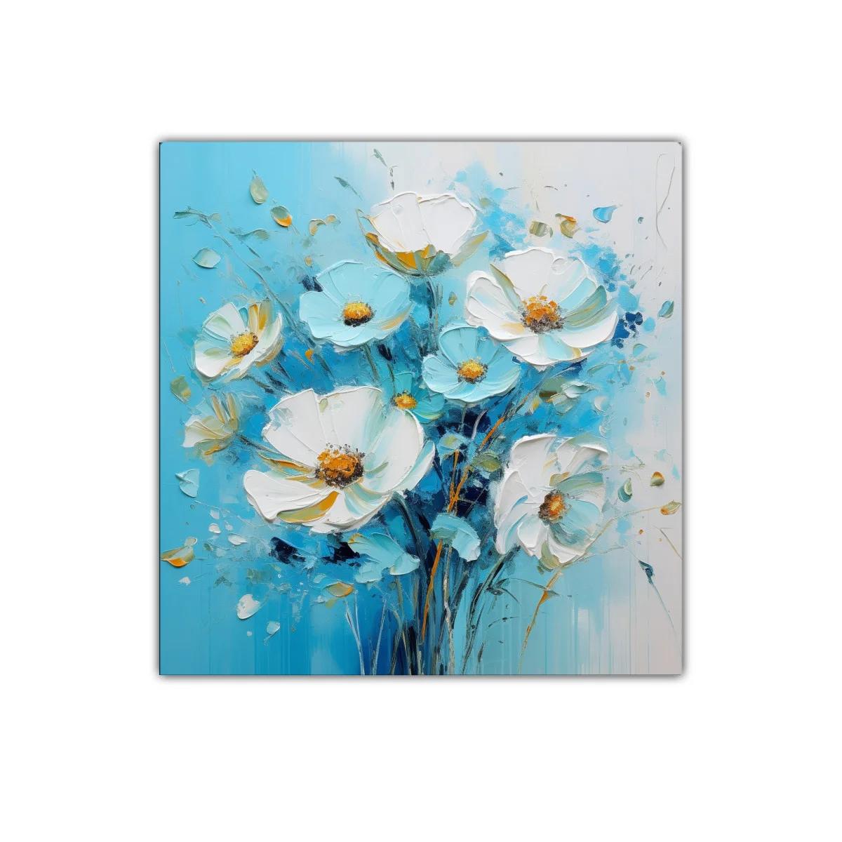 Cuadro floral con delicadas flores blancas y fondo azul — imagen principal