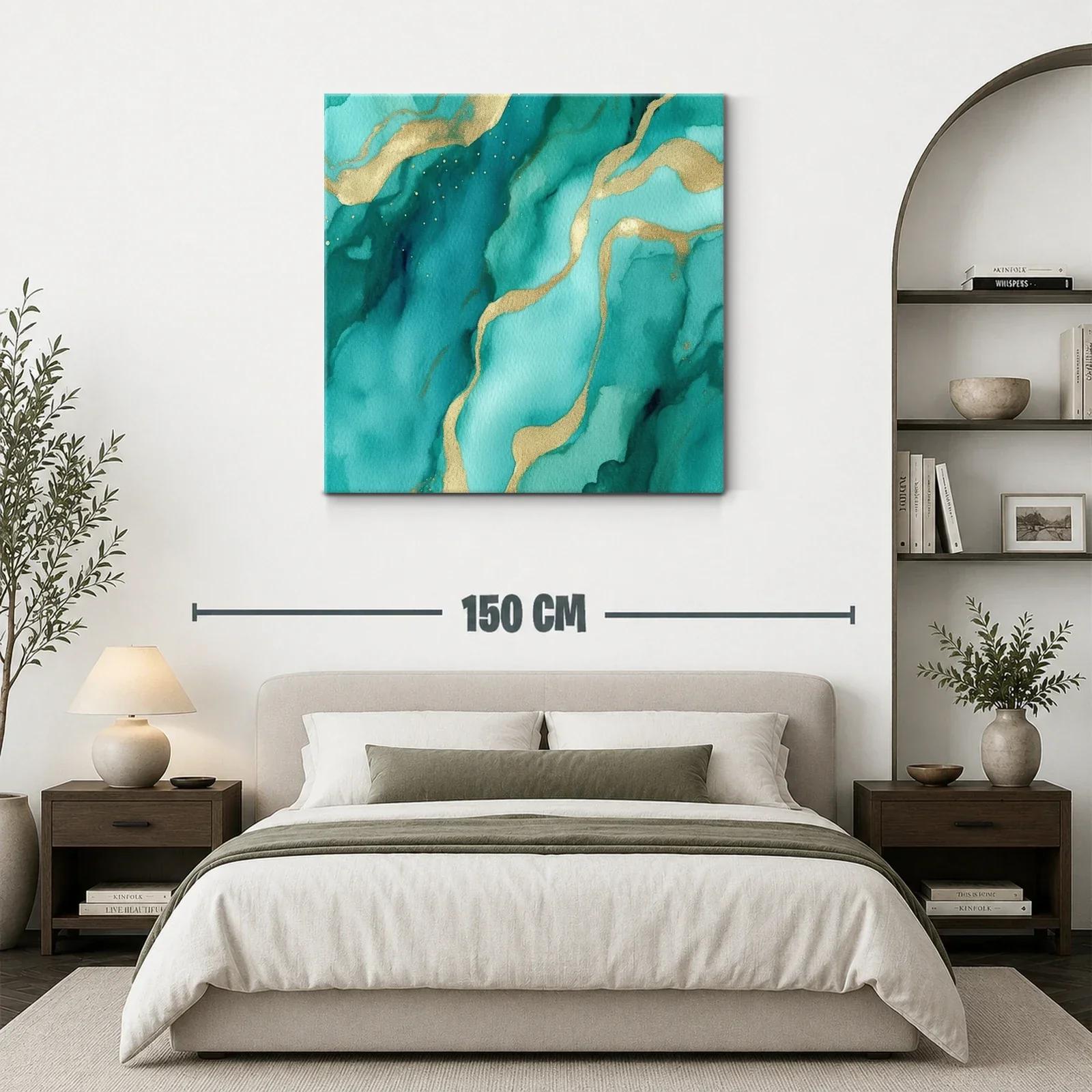 Cuadro abstracto en tonos verdes con detalles dorados — miniatura 3