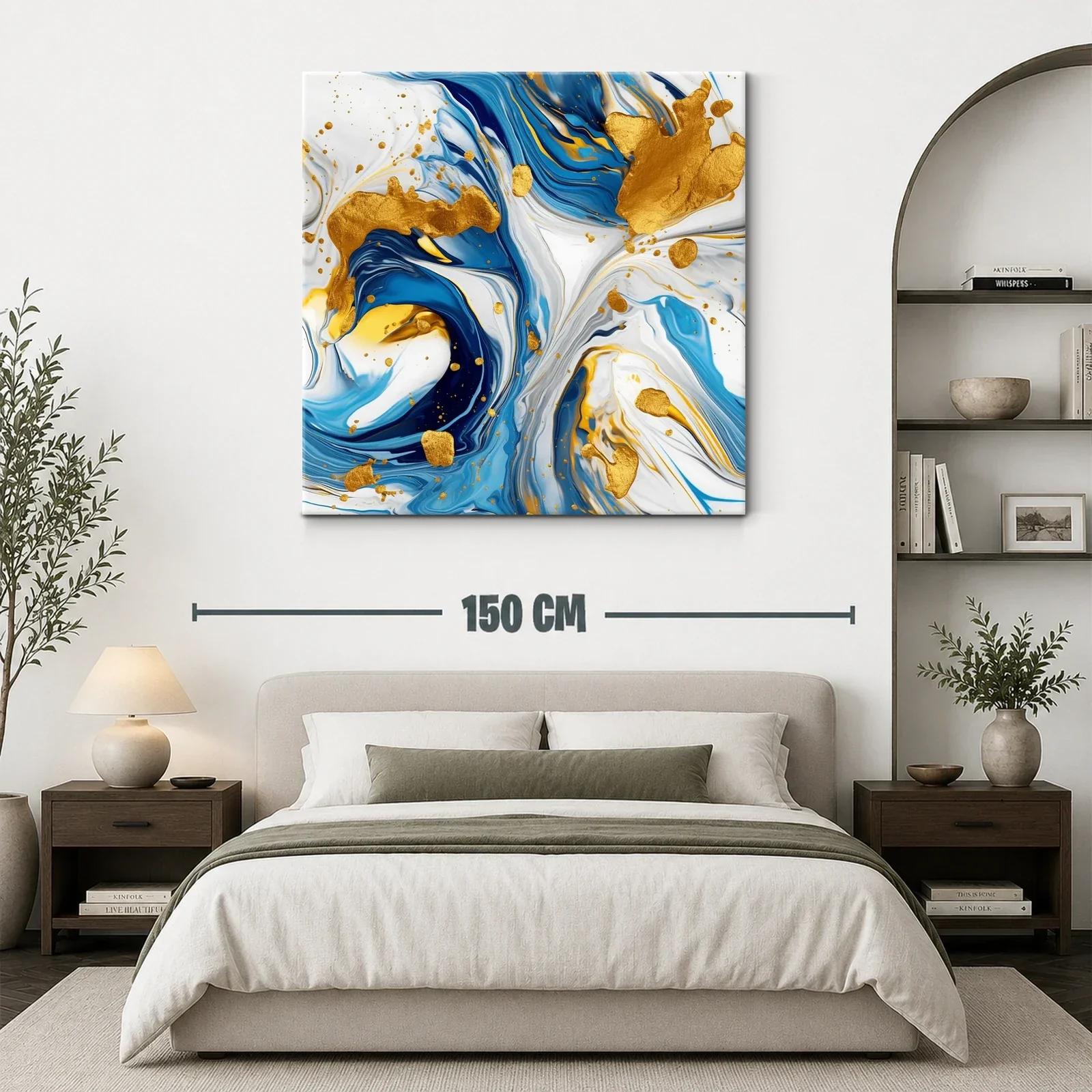 Cuadro abstracto con tonos azules y detalles dorados vibrantes — miniatura 3