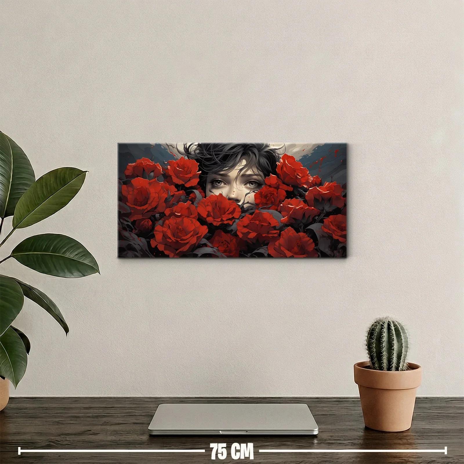Cuadro mujer entre rosas rojas y pétalos superpuestos — miniatura 2
