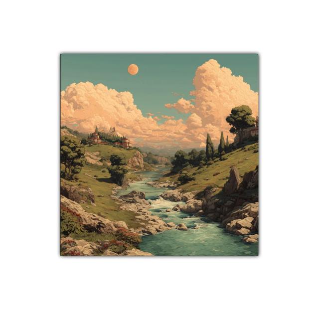 Paisaje campestre con río serpenteante al atardecer