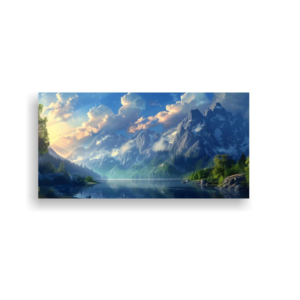 Cuadro lago de montaña con nubes iluminadas