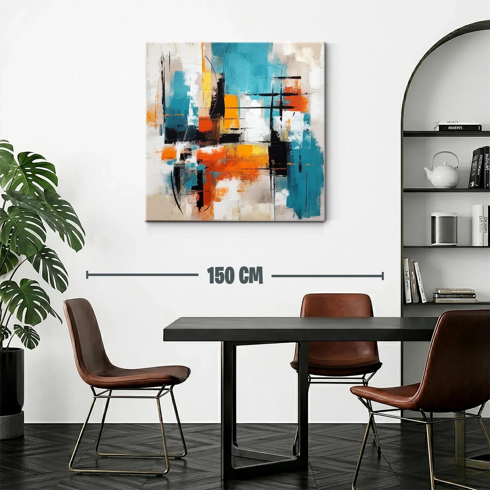 Cuadro abstracto vibrante con tonos turquesa y naranja — miniatura 2