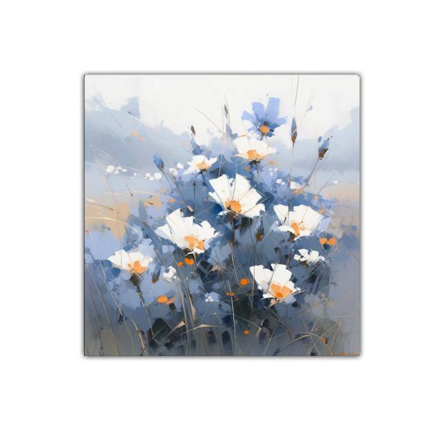 Cuadro decorativo con flores blancas y tonos azules suaves