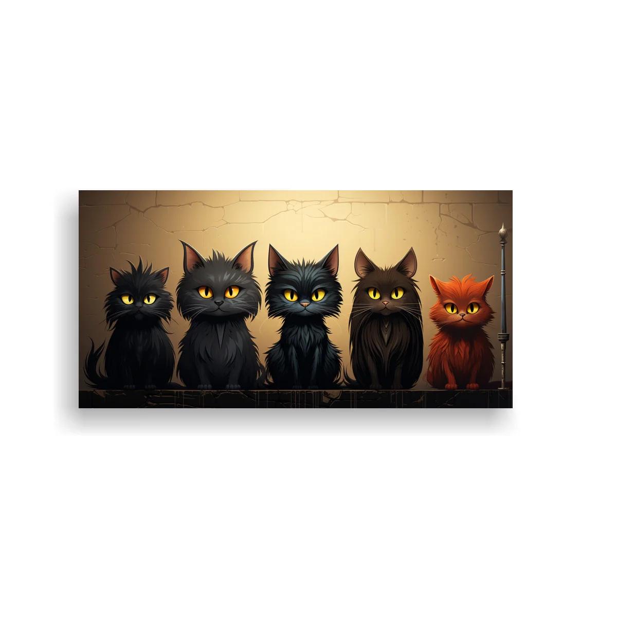 Cuadro cinco gatos negros y naranjas con vela encendida
