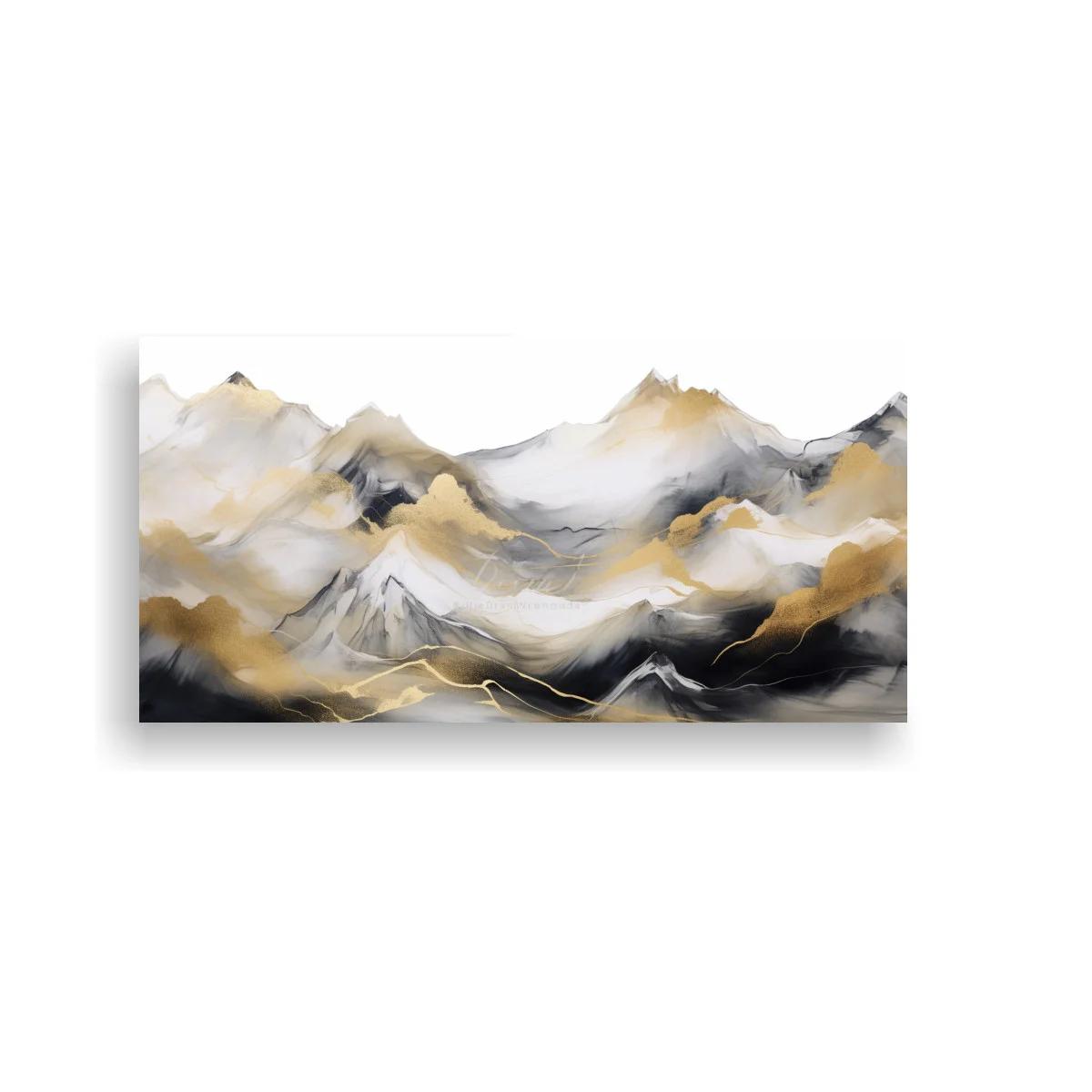 Cuadro cordillera de montañas con niebla y trazos dorados