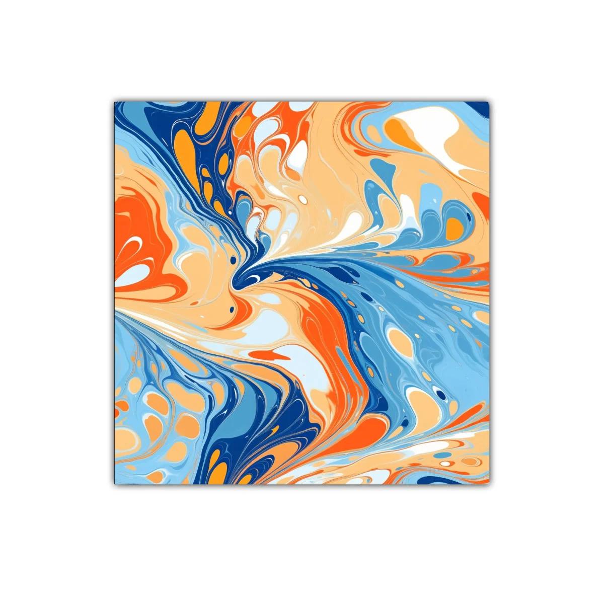 Cuadro abstracto con dinámicos remolinos en tonos cálidos y azules