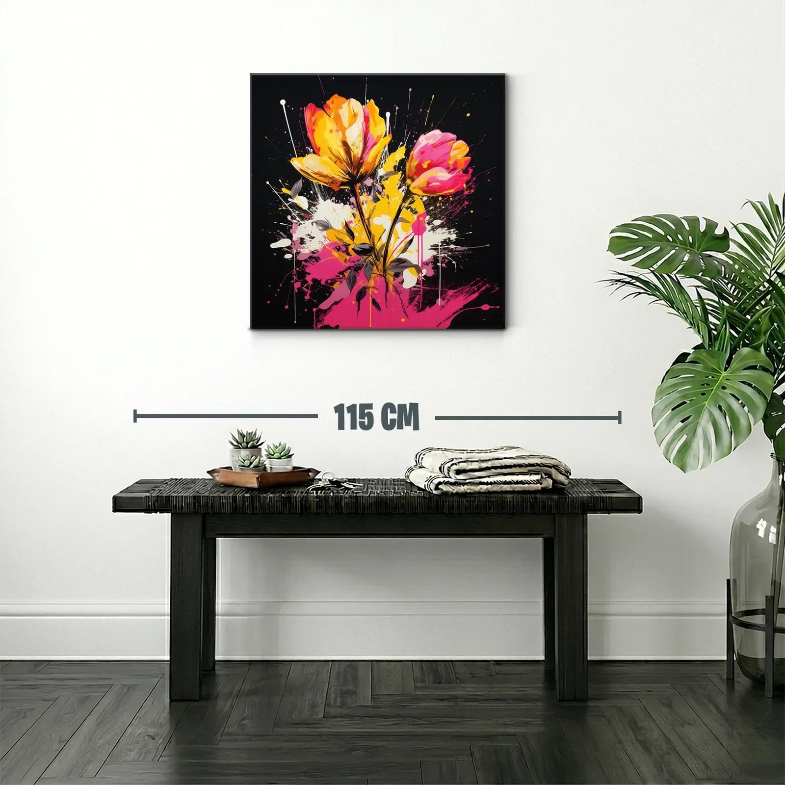 Cuadro floral vibrante con tonos rosas y amarillos intensos — miniatura 2