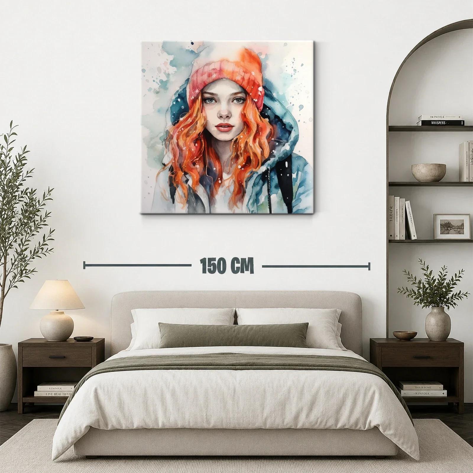 Retrato femenino con gorro y chaqueta en tonos fríos y cálidos — miniatura 3