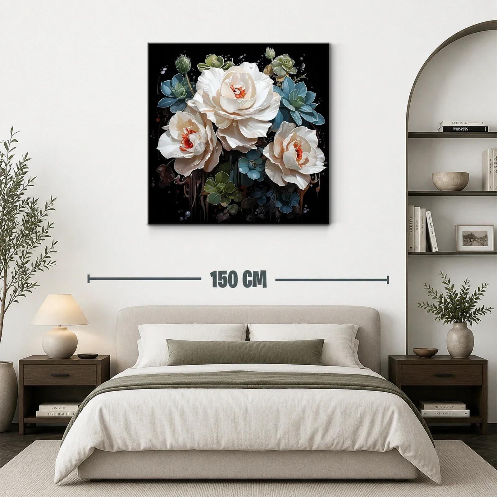 Ramo sofisticado de flores blancas y verdes sobre fondo negro — miniatura 3