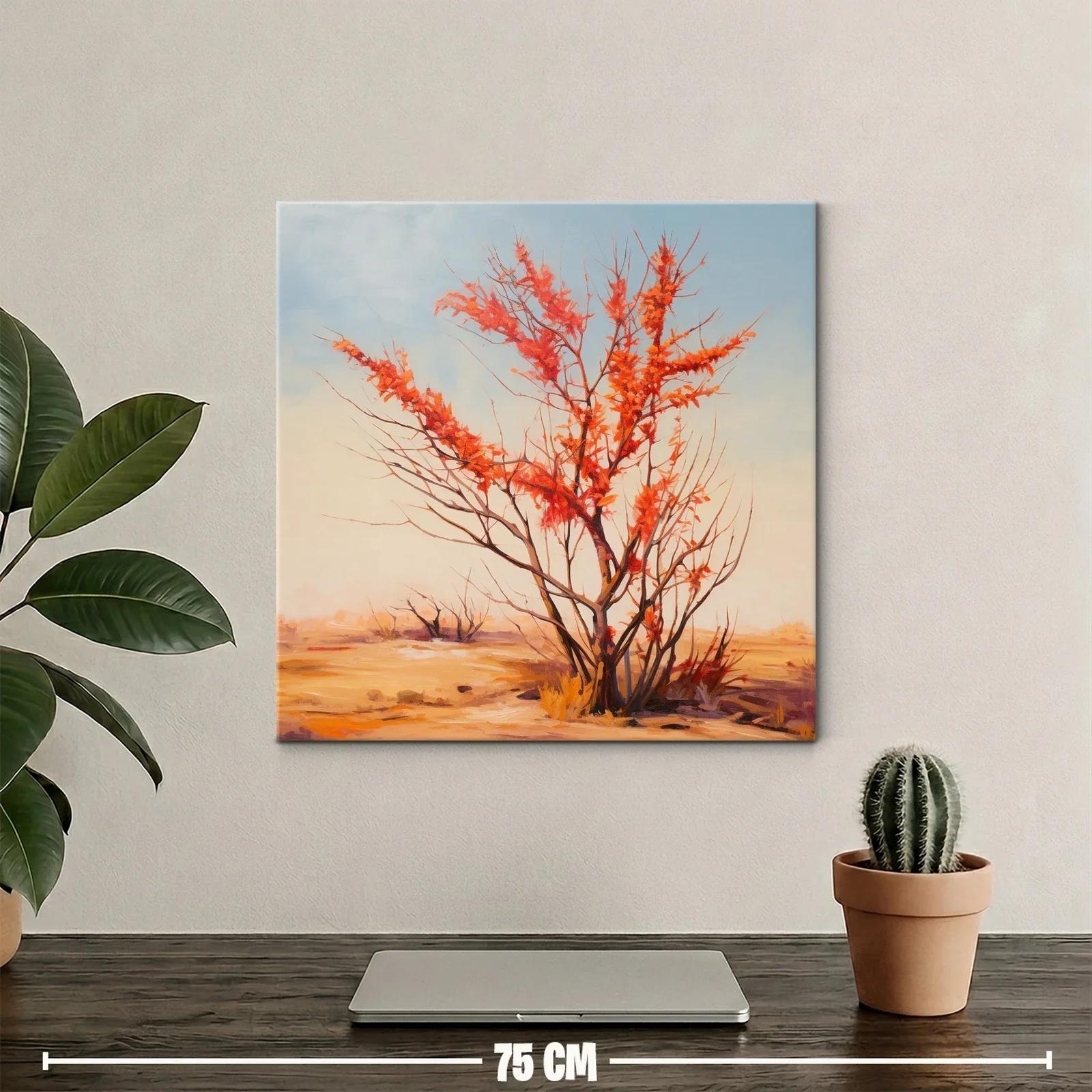 Árbol otoñal con hojas rojas sobre paisaje cálido — miniatura 2
