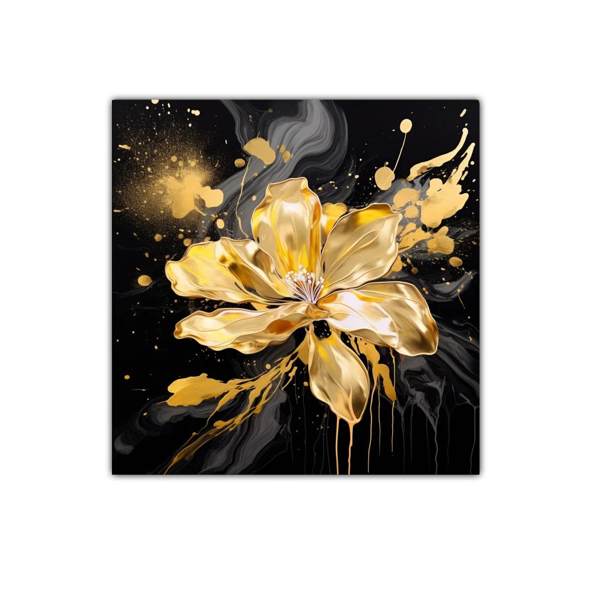 Flor dorada brillante sobre fondo negro elegante y moderno