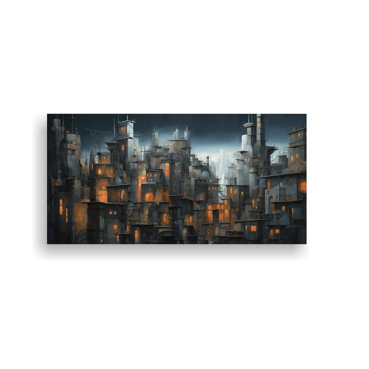 Cuadro ciudad industrial nocturna con chimeneas y luces ámbar