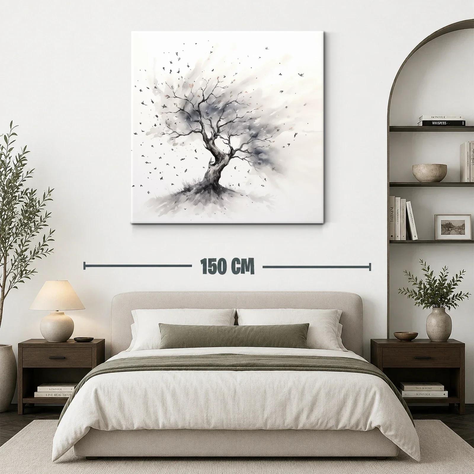 Árbol solitario con aves en tonos neutros — miniatura 3