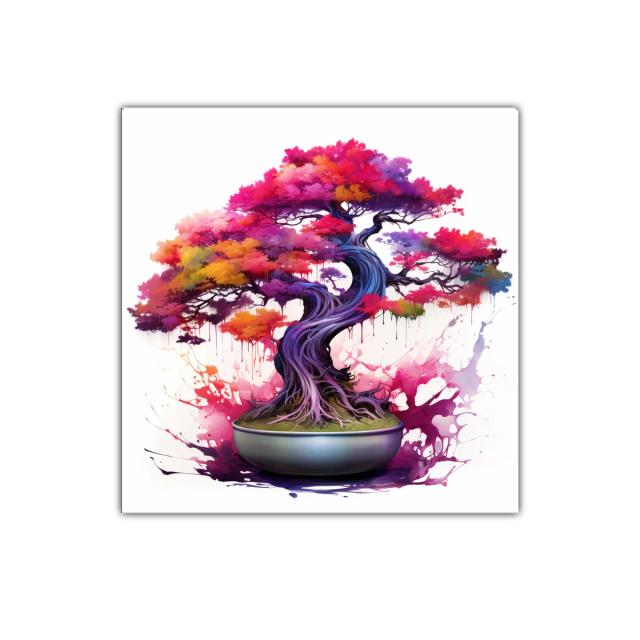 Árbol bonsái vibrante con follaje multicolor y toque artístico