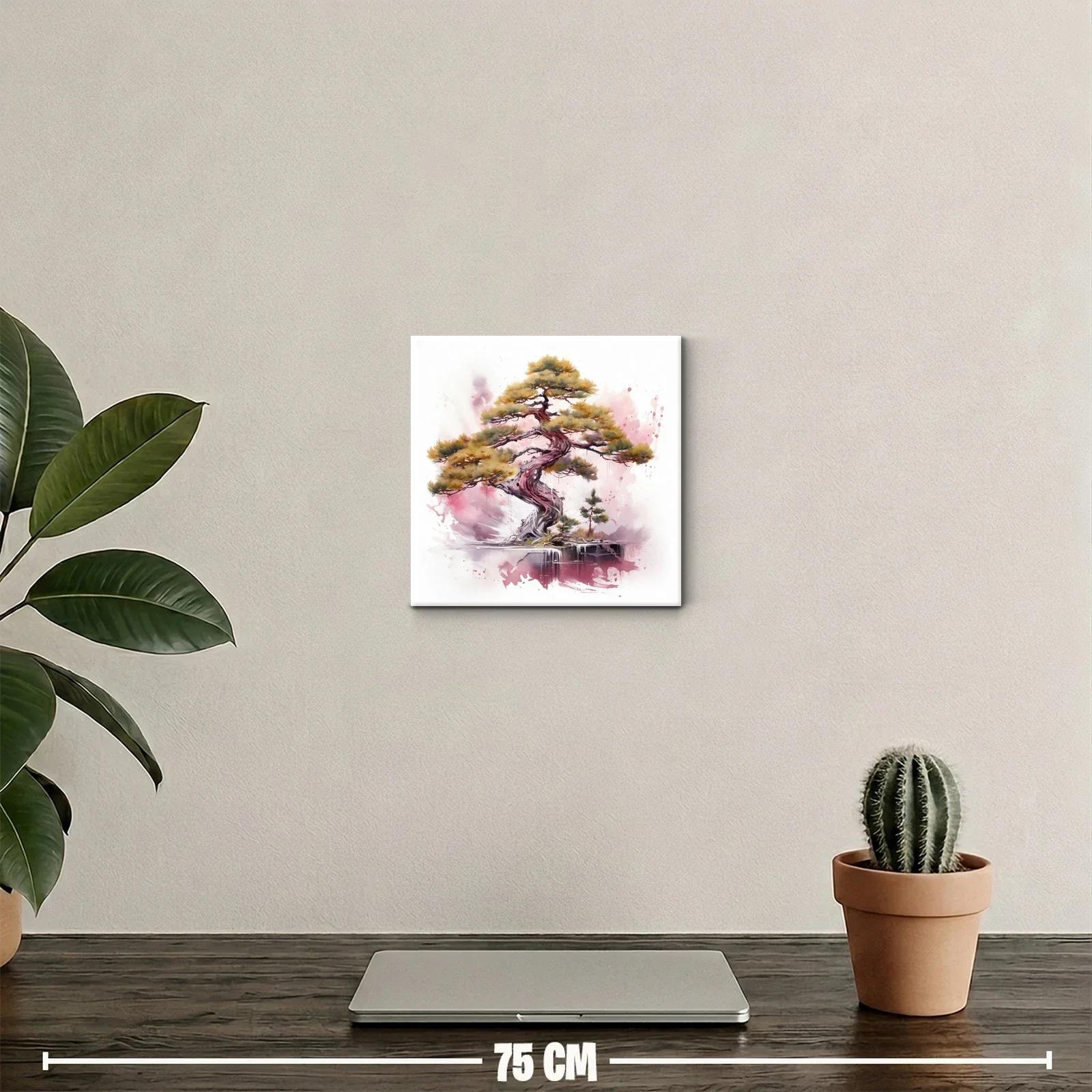 Árbol bonsái con tonalidades cálidas y fondo acuarelado rosa — miniatura 2