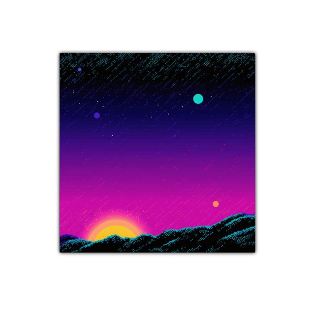 Atardecer cósmico con estrellas y planetas brillantes