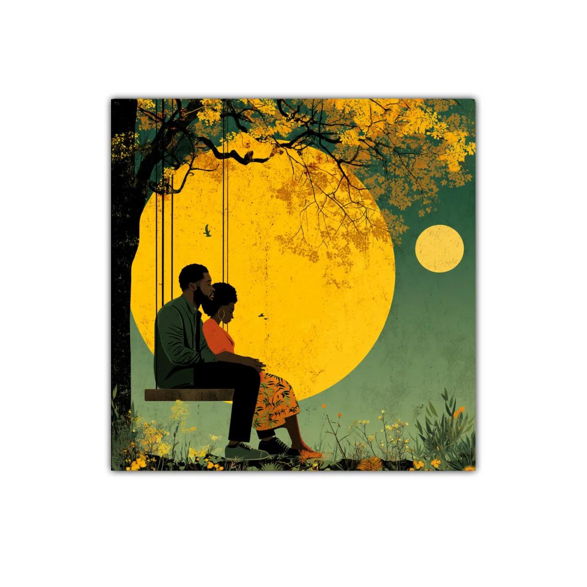 Cuadro romántico con pareja en columpio bajo luna llena — imagen principal