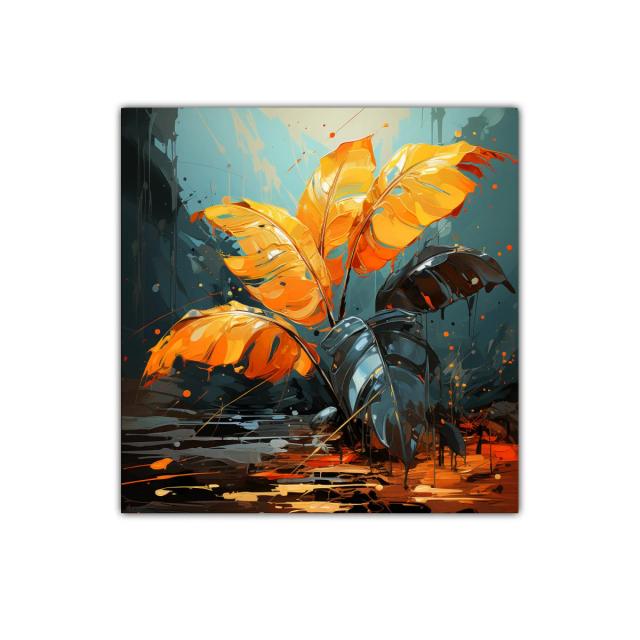 Cuadro decorativo con hojas en tonos vibrantes y contrastes oscuros